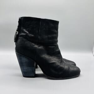 Rag & Bone Boots Womens 8.5 Black Leather Newbury Ankle Booties Block Heel Zip